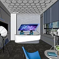 Modern Public Office Space With Hexagonal Ceiling Large Screens White Desk And Blue Chairs