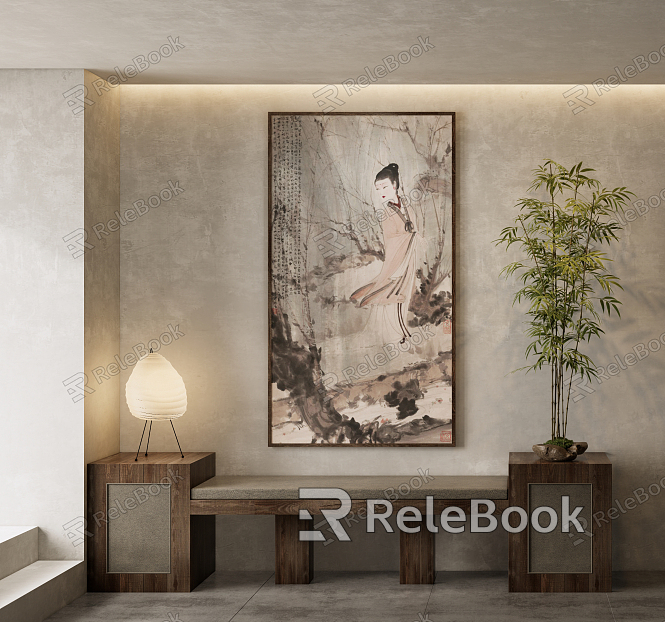 New Chinese Figure Painting, Traditional Chinese Painting, Art Hanging Painting, Table Lamp, Green Plant, Potted Plant model