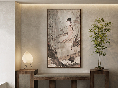 New Chinese Figure Painting, Traditional Chinese Painting, Art Hanging Painting, Table Lamp, Green Plant, Potted Plant model