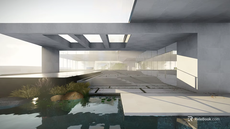 Modern Single Family House With Large Glass Walls Water Feature And Concrete Structure Skylights 3d model 