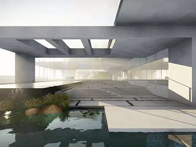 Modern Single Family House With Large Glass Walls Water Feature And Concrete Structure Skylights 3d model