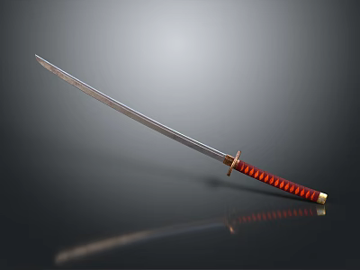 Katana Weapon With Long Slender Blade Red Striped Handle And Golden Accents On Dark Background 3d model