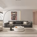 Modern Living And Dining Room With Gray Sofa Abstract Artwork Dining Table And Pendant Light