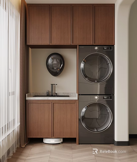 Modern Wooden Balcony Cabinet With Stackable Washer Dryer Sink And Round Mirror 3d model 