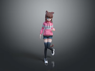 Woman With Cat Ears In Pink Hoodie Shorts Black Thigh High Socks Sneakers Gray Background 3d model