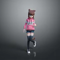 Woman With Cat Ears In Pink Hoodie Shorts Black Thigh High Socks Sneakers Gray Background