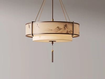 Chinese Style Chandelier with Mountain Bird Patterns Fabric Shade and Golden Metal Frame 3d model
