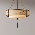 Chinese Style Chandelier with Mountain Bird Patterns Fabric Shade and Golden Metal Frame