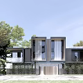 Modern Townhouse Exterior Design With Glass Windows Black And Wooden Facade And Green Trees