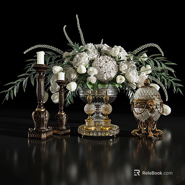 Elegant Luxury Decorative Ornament Set With White Flowers Gold Candle Holders And Crystal Decorations 3d model 