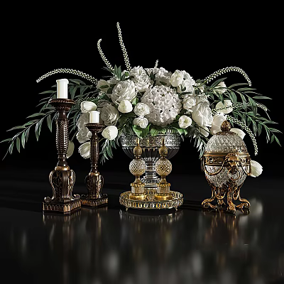 Elegant Luxury Decorative Ornament Set With White Flowers Gold Candle Holders And Crystal Decorations 3d model