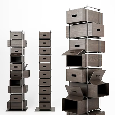 Modern Wooden Shoe Cabinet Design With Stacked Drawers And Open Shelves 3d model