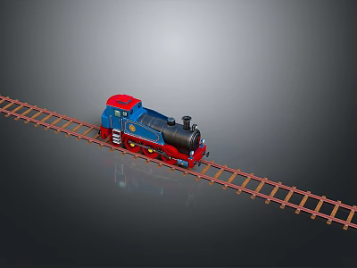 Small Red and Blue Toy Train Moving on Long Railway Track 3d model