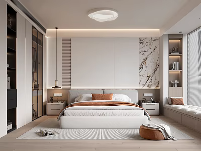 Modern Bedroom Interior with White Bed Marble Accent Wall Bedside Tables and Area Rug 3d model