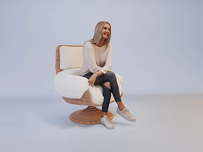 Smiling Woman Sitting On Wicker Chair With Light Top Dark Jeans Light Shoes 3d model