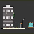 Modern Urban Scene With Multi Story Building Bus Tree And Bench