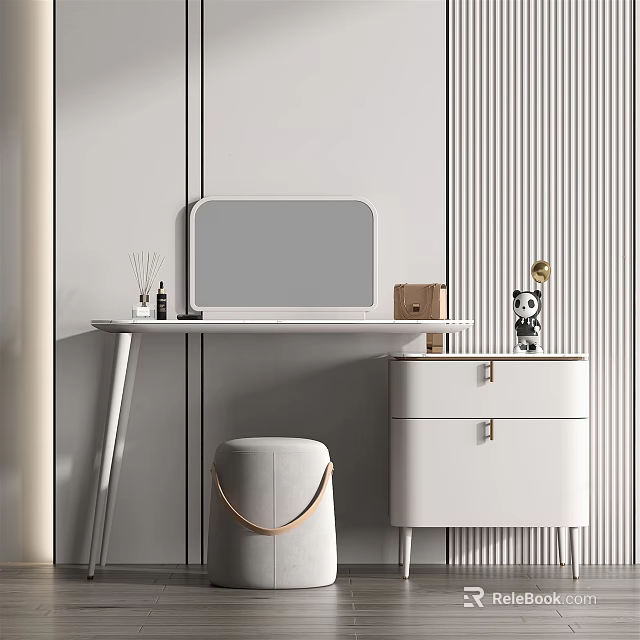 Modern White Dressing Table With Mirror Stool Drawers And Decorative Items 3d model
