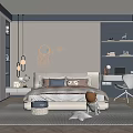 Modern Kids Room Interior With Neon Astronaut Airplane Decor Bed Bookshelf Desk Chair And Rug