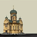 Ancient Historic Building With Yellow Exterior Green Domes And Cross On Top