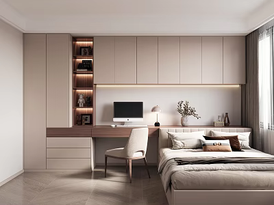 Modern Tatami Bedroom Interior With Wooden Desk Computer Lit Storage Cabinets And Bookshelf 3d model