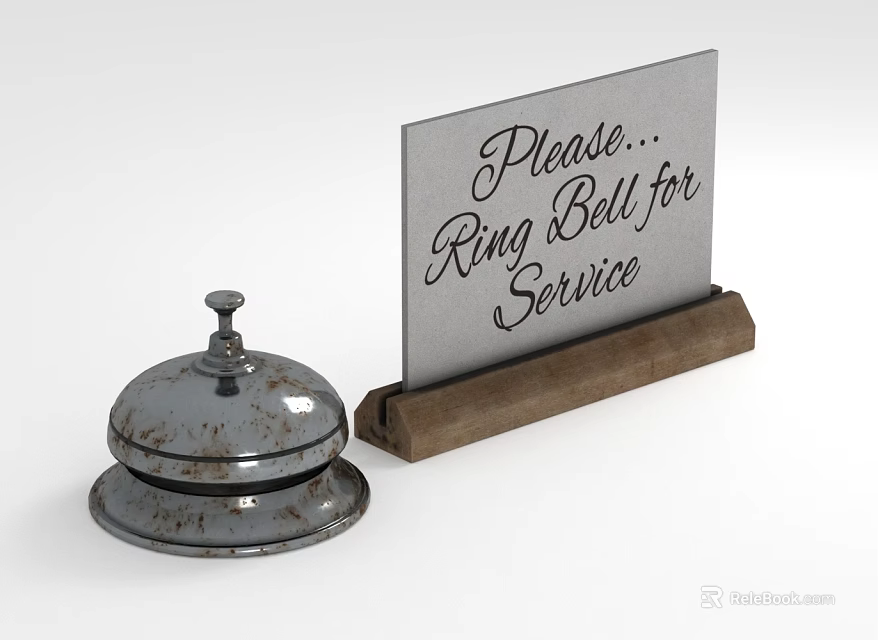 Vintage Metal Service Bell With Wooden Stand And Please Ring For Service Sign 3d model 