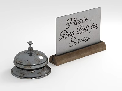 Vintage Metal Service Bell With Wooden Stand And Please Ring For Service Sign 3d model