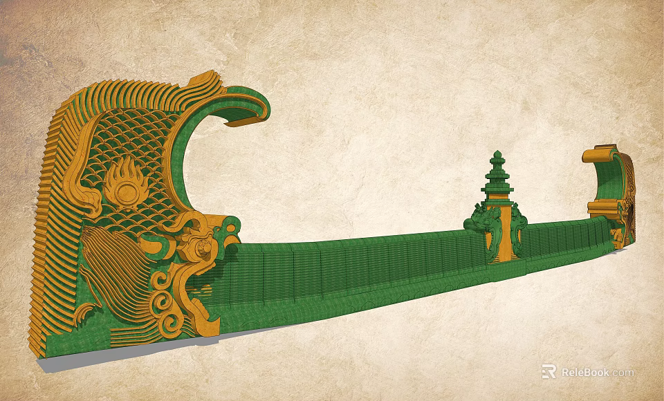Traditional Architectural Component with Intricate Golden Carvings Green Main Body and Tower like Ornaments 3d model 