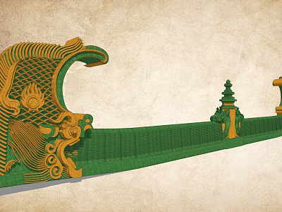 Traditional Architectural Component with Intricate Golden Carvings Green Main Body and Tower like Ornaments 3d model