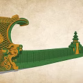Traditional Architectural Component with Intricate Golden Carvings Green Main Body and Tower like Ornaments
