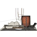 White Cloud Shaped Sofa And Round Coffee Table Set With Black Chair Hanging Lamps