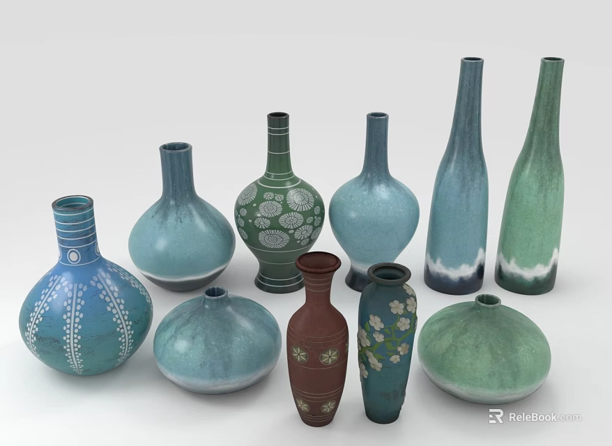 Assorted Colored Ceramic Vases In Different Shapes Holding Fresh Green Plants 3d model 
