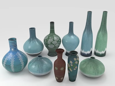 Assorted Colored Ceramic Vases In Different Shapes Holding Fresh Green Plants 3d model