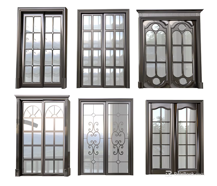 Various Stylish Sliding Doors With Decorative Glass Panels And Metal Frames 3d model 