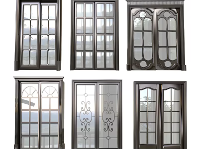 Various Stylish Sliding Doors With Decorative Glass Panels And Metal Frames 3d model