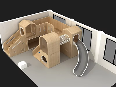 Kindergarten Indoor Play Space With Wooden Play Structures Slide And Climbing Areas 3d model