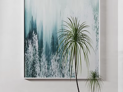 Abstract Wall Art With Blue Green Tones And Potted Palm Plants For Modern Interior 3d model