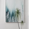 Abstract Wall Art With Blue Green Tones And Potted Palm Plants For Modern Interior