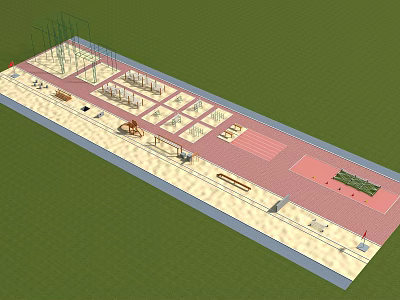 Outdoor Recreational Facility Layout With Climbing Structures Red Track And Green Lawn 3d model