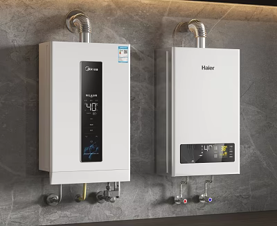 Two Midea And Haier Water Heaters With Digital Display Installed On Gray Wall 3d model
