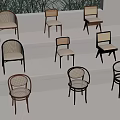 Various Styles of Rattan Chairs Displayed on Tiered Platforms with Natural Backdrop