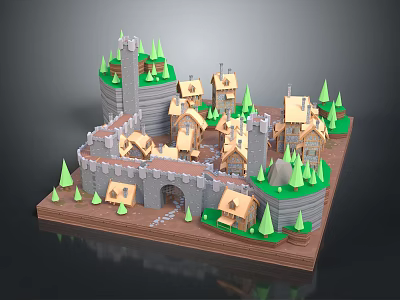 Cartoon Medieval Castle Village Design With Towers Cottages And Green Trees 3d model