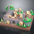 Cartoon Medieval Castle Village Design With Towers Cottages And Green Trees