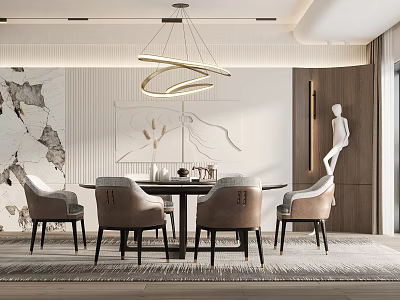 Modern Restaurant Interior With Dining Table Chairs Chandelier Art Wall And Sculpture 3d model