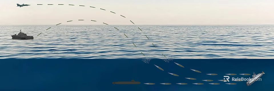 Submarine Underwater With Fish And Missiles Launching Near Sea Surface 3d model 