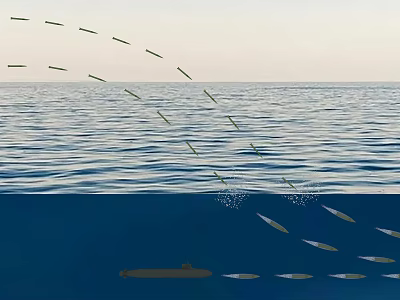Submarine Underwater With Fish And Missiles Launching Near Sea Surface 3d model