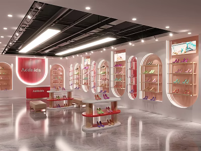 Anita Shoes Store Interior With Curved Showcases Red Counter Benches And Shoe Displays 3d model