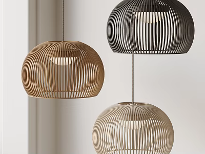 Three Modern Woven Spherical Pendant Lights In Different Neutral Tones For Interior Decor 3d model