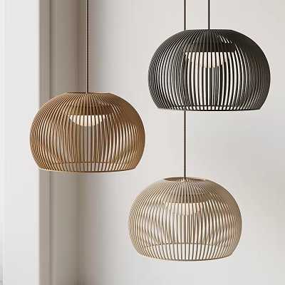 Three Modern Woven Spherical Pendant Lights In Different Neutral Tones For Interior Decor 3d model