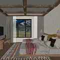 Rustic Hotel Guest Room With Twin Beds Wooden Beams And Mountain View