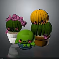 Cute Green And Yellow Cactus Dolls With Smiling Faces And Pink Flowers In Pots